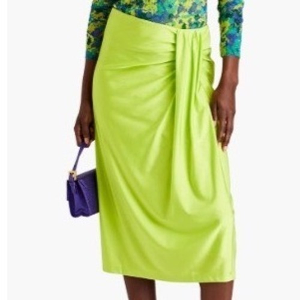 Stine Goya Sif‎ Skirt Sz XS Acid Lime Green Slinky Draped Twist Midi Bright Neon